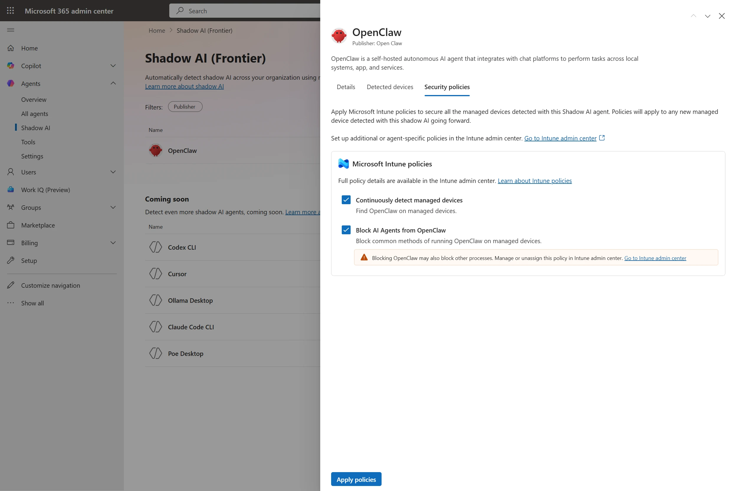 Agent 365 policy blocking the OpenClaw local AI agent on a Mac endpoint